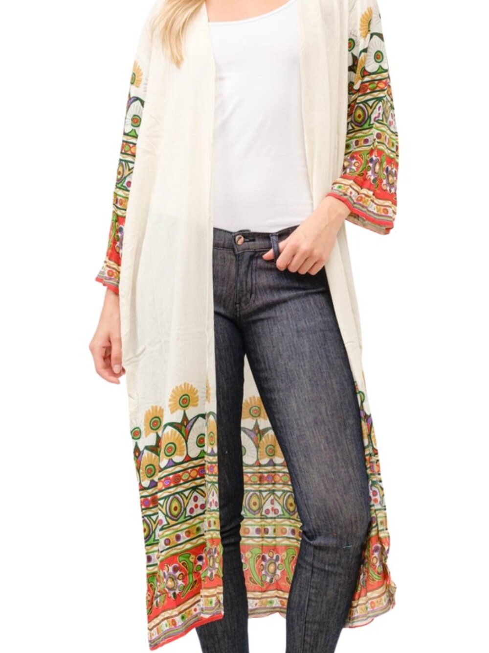 Floral Contrast Print Kimono Duster One Size Cotton Rayon Boho Open Front Cotton - Picture 4 of 4